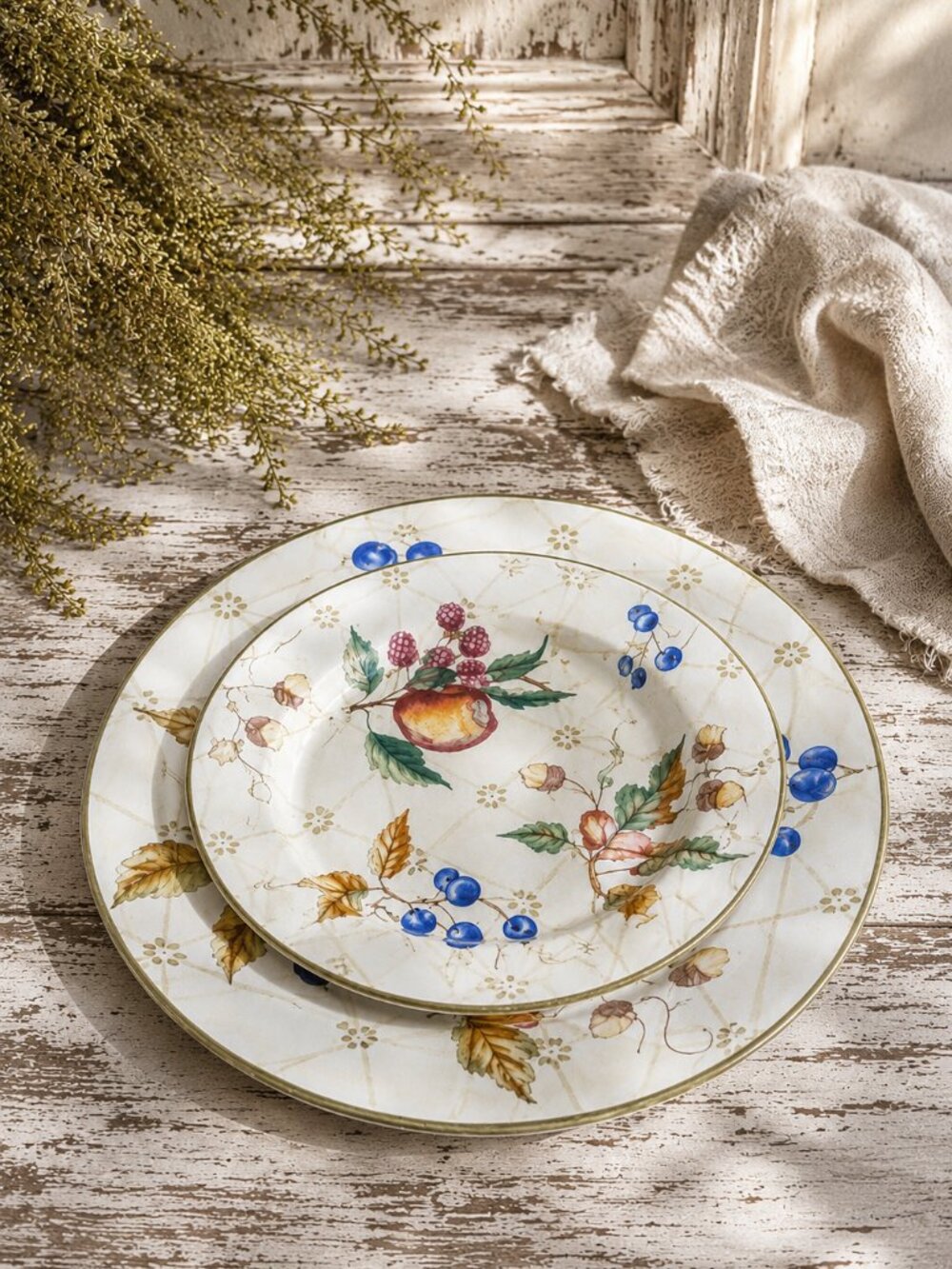 Charming Vintage Garden Splendor Hand-Painted Dinner & Salad Plate Set